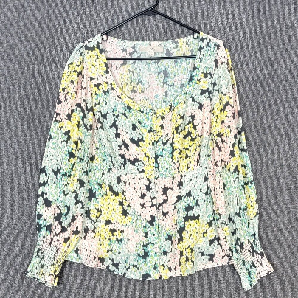 Loft Blouse Womens L Multicolor Floral Long Sleeve Scoop Neck Cottagecore Shirt